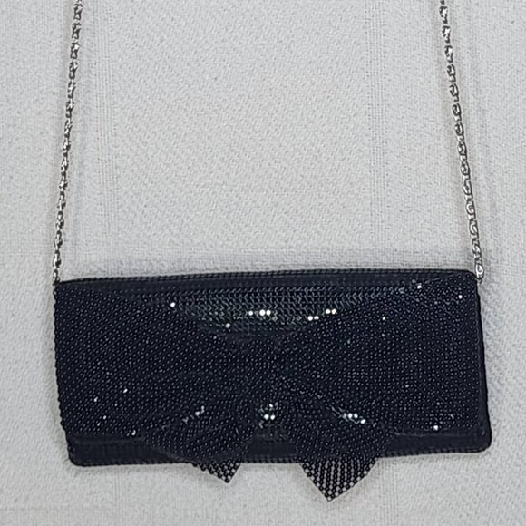 Source Unknown Handbags - Sparkling Black Sequin Bow and Chain Mail Dress Clutch Bag Silver Shoulder Strap